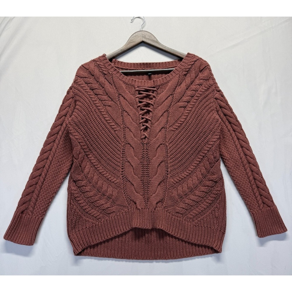 Express Sweater Womens XS Dusty Rose Cable Knit Ribbed Round Neck Lace Up Detail